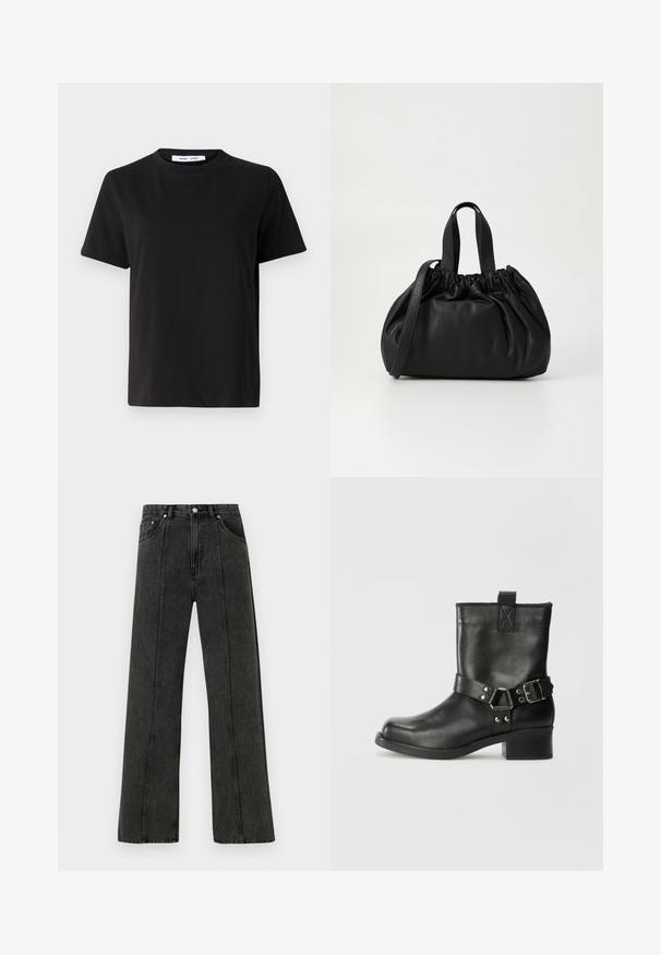 Must have lühikeste varrukatega t-särk, mis on valmistatud pehmest puuvillast, ümmarguse kaelusega, lõdva sobivusega ja sileda tekstuuriga. Ei ole nähtavaid mustreid ega graafikat.; Kõrge vöökohaga laia säärega teksad tumehallist denimist. Omavad klassikalist viie taskuga disaini ja nähtavat õmblust esiõmbluste ääres.; Samsøe Samsøe SABRENTA - Kauboi/mootorratturi poolsaapad - black; Mustmust mustkott mustrihmaga ülaosa disainiga, millel on kaks lühikest käepidet ja pikk reguleeritav rihm. Sile tekstuur, ümar kuju.