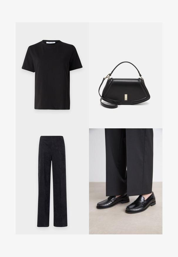 T-shirt nero a maniche corte realizzato in morbido cotone, con scollatura rotonda, vestibilità rilassata e una superficie liscia. Nessun motivo o grafica visibile.; Pantaloni corduroy grigi scuri con un design a gamba dritta, caratterizzati da una superficie a coste testurizzate e da una cintura elastica per il comfort.; Mocassini in pelle nera con una finitura liscia, dettagli cuciti attorno alla punta e suola in gomma bassa. Abbinati a pantaloni neri larghi.; Borsa a mano in pelle nera con un design strutturato, caratterizzata da una forma corta, manico superiore e accessori in metallo dorato. Inclusa tracolla regolabile.