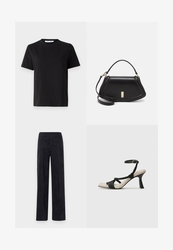Czarny t-shirt z krótkim rękawem wykonany z miękkiej bawełny, z okrągłym dekoltem, luźnym krojem i gładką fakturą. Bez widocznych wzorów ani grafik.; Spodnie z korduroy w ciemnoszarym kolorze, o prostym kroju nogawki, z teksturową, prążkowaną powierzchnią oraz elastycznym pasem dla wygody.; Czarne sandały na obcasie z plecionym paskiem, kwadratowym noskiem i regulowanym paskiem na kostkę. Jasnobeżowa wkładka z błyszczącym czarnym obcasem.; Czarna skórzana torebka o strukturalnym designie, z przyciętą formą, górnym uchwytem i złotymi akcentami. W zestawie regulowany pasek na ramię.