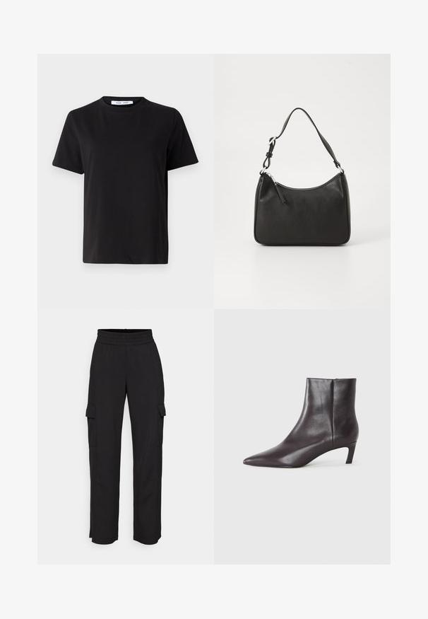 Melna īsām piedurknēm T-kreklu, kas izgatavots no mīksta kokvilnas, ar apļveida kakla izgriezumu, brīvu piegriezumu un gludu tekstūru. Nav redzamu rakstu vai grafikas.; Melnas kravas bikses, kas izgatavotas no mīkstas auduma, ar elastīgu jostasvietu, platām kājām un divām sānu kabatām glabāšanai.; Melna ādas potītes zābaks ar norādītu purngalu un zemu kaķēnu papēdi, gluda apdare, sānu rāvējslēdzis, rādīts neitrālā fona.; Melnas ādas rokassomu ar izliekta formu, vienu siksnu, ar rāvējslēdzēju aizdari un diskrētu zīmolu uz priekšpuses. Gluda tekstūra, minimālisma dizains.