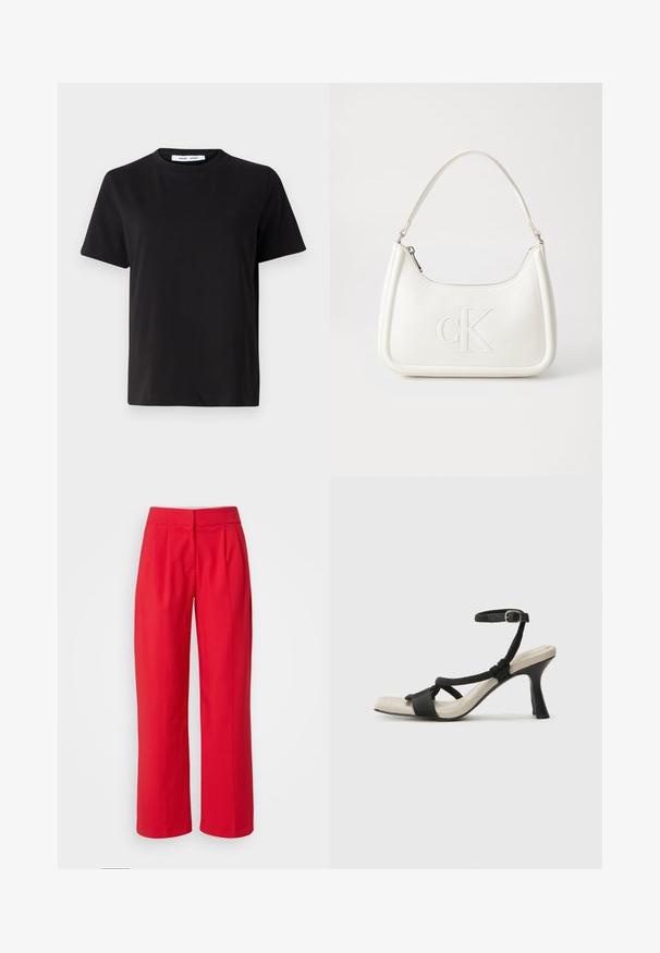 Fekete, rövid ujjú póló, puha pamutból készült, kerek nyakkivágással, laza szabással és sima textúrával. Nincs látható minta vagy grafikák.; Piros, bővített nadrág sima textúrával, elöl redőkkel és lapos derékkal. Nincsenek látható zsebek vagy fém részletek.; Fekete sarkú szandál fonott pánttal, négyzet alakú orral és állítható bokapánttal. Világos bézs talpbetét fényes fekete sarkával.; Fehér bőrtáska ívelt formájú, elöl feltűnő "CK" logóval, egyetlen vállpánttal. Cipzáras zárás a tetején.