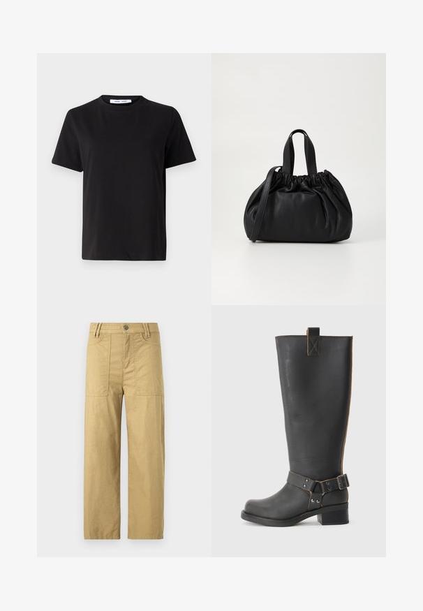 T-shirt nero a maniche corte realizzato in morbido cotone, con scollatura rotonda, vestibilità rilassata e una superficie liscia. Nessun motivo o grafica visibile.; Pantaloni cargo in cotone beige con vita alta, due tasche frontali e una vestibilità rilassata. Presentano una chiusura con gancio e zipper nella parte anteriore.; Stivale nero in pelle alta fino al ginocchio con finitura texturizzata, caratterizzato da un'accento a fibbia laterale e un tacco basso. Cuciture dettagliate lungo le cuciture.; Borsa a tracolla in pelle nera con design a cima arricciata, dotata di due manici corti e di una lunga tracolla regolabile. Texture liscia, forma arrotondata.