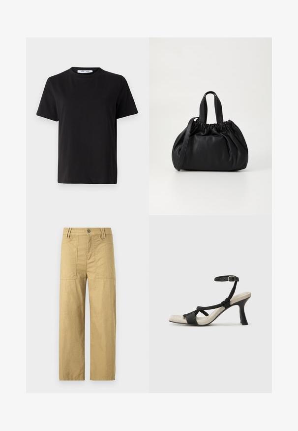 Camiseta negra de manga corta hecha de algodón suave, con un cuello redondo, corte relajado y una textura lisa. Sin patrones ni gráficos visibles.; Pantalones cargo de algodón beige con una cintura alta, dos bolsillos frontales y un corte relajado. Presentan un cierre con gancho y cremallera en la parte delantera.; Sanda¡ía de tacón negro con diseño de tira trenzada, punta cuadrada y correa ajustable en el tobillo. Plantilla de color beige claro con un tacón negro brillante.; Bolso de mano de cuero negro con un diseño de parte superior fruncida, que cuenta con dos asas cortas y una correa larga ajustable. Textura suave, forma redondeada.