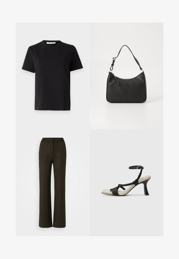 Black short-sleeve t-shirt made of soft cotton, featuring a round neckline, relaxed fit, and a smooth texture. No visible patterns or graphics.; Wide-leg trousers in dark brown with a textured pattern of small cut-outs. Features a fitted waist and seamless design for a sleek appearance.; Black heeled sandal with braided strap design, square toe, and adjustable ankle strap. Light beige footbed with a glossy black heel.; Black leather handbag with a curved shape, a single strap, zip closure, and subtle branding on the front. Smooth texture, minimalist design.