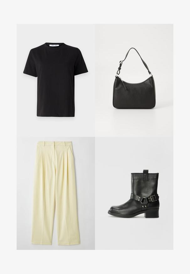 Schwarzes T-Shirt mit kurzen Ärmeln aus weicher Baumwolle, mit rundem Ausschnitt, lockerer Passform und glatter Textur. Keine sichtbaren Muster oder Grafiken.; Helle gelbe plissierte Hose mit geradem Schnitt, aus weichem Stoff gefertigt, mit elastischem Bund und ohne sichtbare Verschlüsse.; Samsøe Samsøe SABRENTA - Cowboy-/Bikerstiefelette - black; Schwarze Lederhandtasche mit geschwungener Form, einem einzigen Tragegurt, Reißverschlussverschluss und dezentem Branding auf der Vorderseite. Glatte Textur, minimalistisches Design.