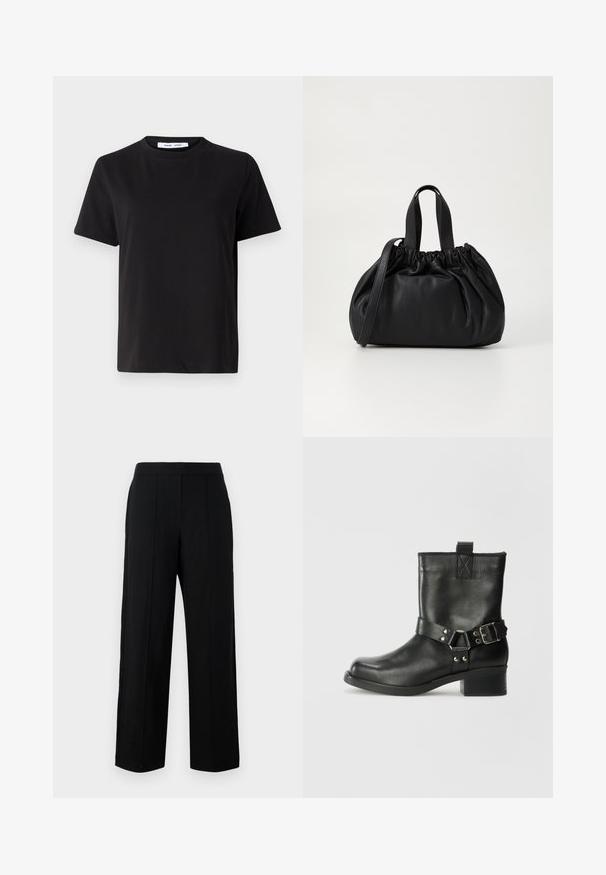 Must have lühikeste varrukatega t-särk, mis on valmistatud pehmest puuvillast, ümmarguse kaelusega, lõdva sobivusega ja sileda tekstuuriga. Ei ole nähtavaid mustreid ega graafikat.; Mustad suured püksid, mis on valmistatud siledast kangast, millel on tasane esiosa, kaks vertikaalset õmblust ja lihtne vöökoht.; Samsøe Samsøe SABRENTA - Kauboi/mootorratturi poolsaapad - black; Mustmust mustkott mustrihmaga ülaosa disainiga, millel on kaks lühikest käepidet ja pikk reguleeritav rihm. Sile tekstuur, ümar kuju.