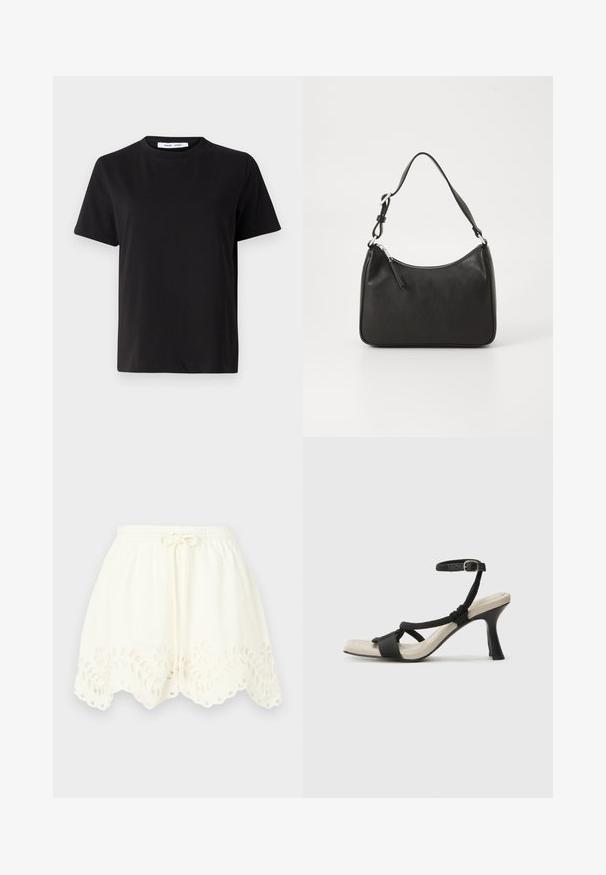 Juodas trumpas rankovės marškinėliai, pagaminti iš minkštos medvilnės, su apvaliu iškirpimu, laisvu pritaikymu ir lygiu paviršiumi. Nėra matomų raštų ar grafikos.; Balti medvilniniai šortai su elastinga juostele ir raišteliu, kurie turi gėlių siuvinėjimą ir banguotą apatinę dalį su išpjovomis.; Juodų aukštakulnių sandalų su pintu dirželiu dizainas, kvadratine nosimi ir reguliuojamu kulkšnies dirželiu. Šviesiai bežė padas su blizgiu juodu kulnu.; Juoda odinė rankinė su išlenkta forma, viena dirželiu, užtrauktuko uždarymu ir subtiliu ženklinimu priekyje. Lygus paviršius, minimalistinis dizainas.