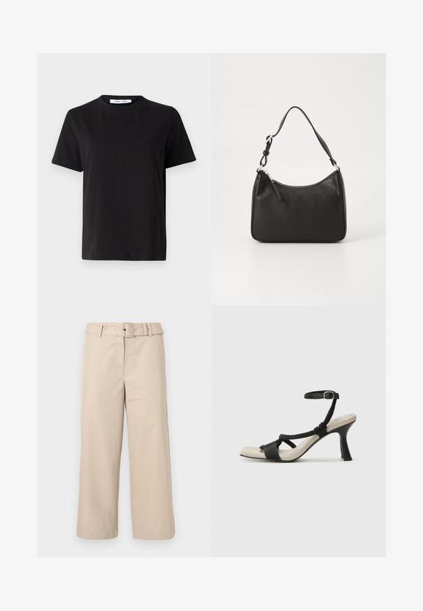 Svart kortermet t-skjorte laget av myk bomull, med rund hals, avslappet passform og en jevn tekstur. Ingen synlige mønstre eller grafikk.; Beige, vide benbukser laget av glatt stoff. Har belte i midjen og to sidelommer. Rette sømmer og ferdigkant.; Sorte helårs sandaler med flettet stroppesdesign, firkantet tå og justerbar ankelrem. Lys beige fotseng med glanset svart hæl.; Svart lærveske med en buet form, en enkelt stropp, glidelåslukking og subtil merkevarebygging på forsiden. Glatt tekstur, minimalistisk design.