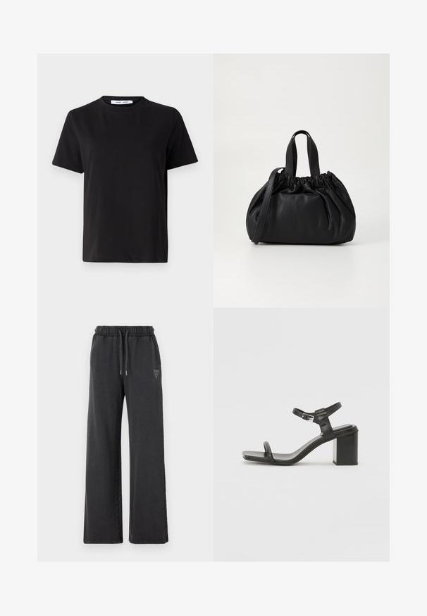 Crna kratka majica s kratkim rukavima od mekanog pamuka, s okruglim izrezom, opuštenim krojem i glatkom teksturom. Nema vidljivih uzoraka ili grafike.; Crne široke trenirke izrađene od mekanog materijala, s elastičnim pojasom na crtu i malim logotipom na kuku.; Crne kožne sandale s blok petom, širokom trakom preko prstiju i podesivom trakicom oko gležnja, s elegantnim, minimalističkim dizajnom.; Crna kožna torba s nabranim dizajnom na vrhu, s dva kratka ručka i dugim podesivim remenom. Glatka tekstura, zaobljen oblik.