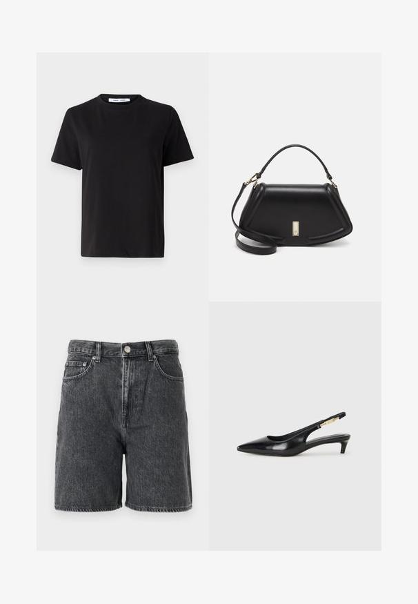 T-shirt noir à manches courtes en coton doux, avec un col rond, une coupe décontractée et une texture lisse. Pas de motifs ni de graphiques visibles.; Shorts en denim noir délavé avec passants de ceinture, bouton avant, fermeture éclair, et design classique à cinq poches.; Talons hauts en cuir noir avec un bout pointu, dotés d'un talon fin et d'un accent en ton or sur la lanière réglable. Texture lisse.; Sac à main en cuir noir avec un design structuré, featuring une forme cropped, une poignée supérieure et des accents en matériel doré. Bandoulière réglable incluse.
