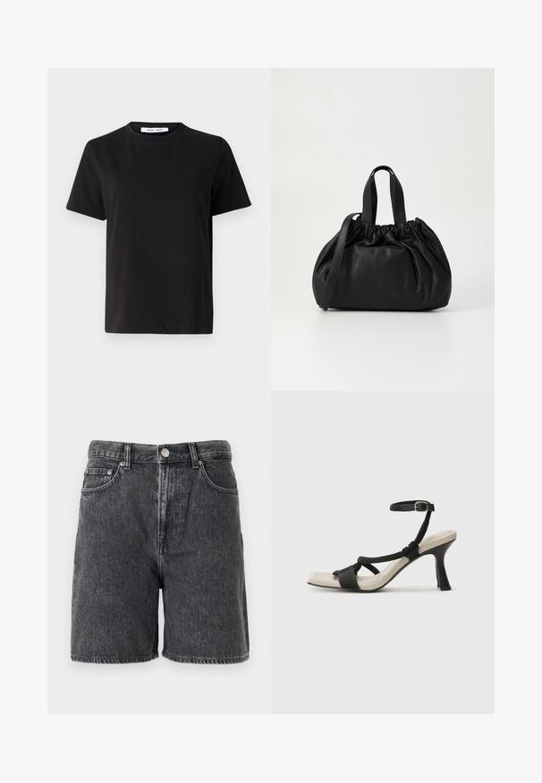 Schwarzes T-Shirt mit kurzen Ärmeln aus weicher Baumwolle, mit rundem Ausschnitt, lockerer Passform und glatter Textur. Keine sichtbaren Muster oder Grafiken.; Schwarze gewaschene Denim-Shorts mit Gürtelschlaufen, Knopfverschluss vorne, Reißverschluss und klassischem Fünf-Taschen-Design.; Schwarze Absatzsandale mit geflochtenem Riemendesign, quadratischer Spitze und verstellbarem Knöchelriemen. Helle beigefarbene Sohle mit glänzendem schwarzen Absatz.; Schwarze Lederhandtasche mit einem gerafften Oberteil, ausgestattet mit zwei kurzen Griffen und einem langen verstellbaren Schulterriemen. Glatte Textur, runde Form.