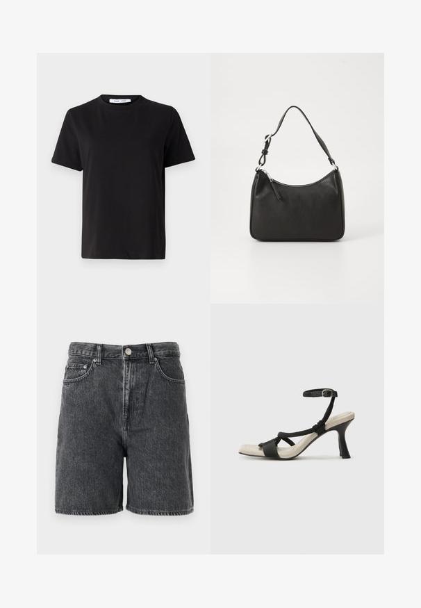 Sort t-shirt med korte ærmer fremstillet af blødt bomuld, med rund halsudskæring, afslappet pasform og en glat overflade. Ingen synlige mønstre eller grafik.; Sortvasket denim shorts med bæltestropper, frontknap, lynlås-lukning og klassisk fem-lomme design.; Sorte hælede sandal med flettet remdesign, firkantet tå og justerbar ankelrem. Lys beige fodseng med en blank sort hæl.; Sort læderhåndtaske med en buet form, en enkelt rem, lynlås lukning og diskret branding på forsiden. Glat tekstur, minimalistisk design.