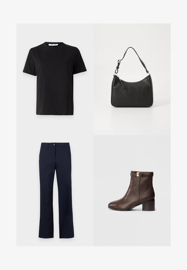 Črna majica s kratkimi rokavi iz mehkega bombaža, ki ima okroglo izrezovanje, udoben kroj in gladko teksturo. Brez vidnih vzorcev ali grafike.; Navy modre hlače iz gladkega blaga. Imajo ravno krojenje, zapiranje na gumb in minimalne šive.; Rjave usnjene gležnarice s zaobljenim nosom, nizko blokasto peto in dekorativnim paščkom z zaponko okrog gležnja. Gladka tekstura in eleganten dizajn.; Črna usnjena torba za roke s ukrivljenim oblikom, enim trakom, zadrgo in diskretnim blagovnim znamkom na sprednjem delu. Gladka tekstura, minimalističen dizajn.