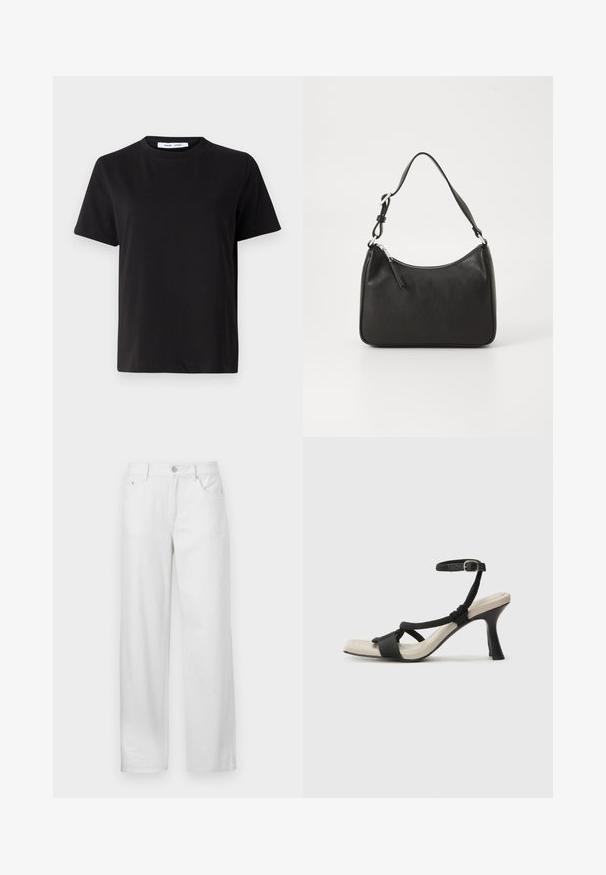 Black short-sleeve t-shirt made of soft cotton, featuring a round neckline, relaxed fit, and a smooth texture. No visible patterns or graphics.; White denim trousers with a loose fit, featuring a button and zipper closure, belt loops, and traditional five-pocket design.; Black heeled sandal with braided strap design, square toe, and adjustable ankle strap. Light beige footbed with a glossy black heel.; Black leather handbag with a curved shape, a single strap, zip closure, and subtle branding on the front. Smooth texture, minimalist design.