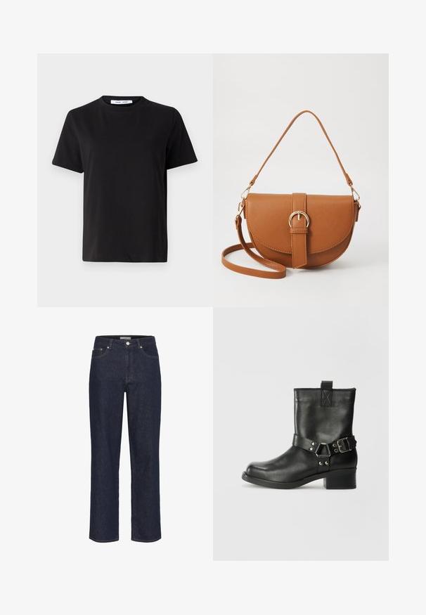Fekete, rövid ujjú póló, puha pamutból készült, kerek nyakkivágással, laza szabással és sima textúrával. Nincs látható minta vagy grafikák.; Gestuz SUMMER WIDE - Széles szárú - unwashed denim; Samsøe Samsøe SABRENTA - Cowboy/motoros bokacsizma - black; Barna bőr keresztbody táska ívelt formával, aranyszínű fémrészekkel és csat díszítéssel. Levehető vállpánttal rendelkezik.