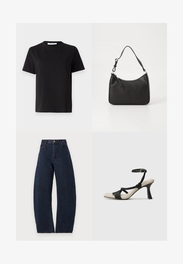 Zwart T-shirt met korte mouwen, gemaakt van zachte katoen, met een ronde hals, een ontspannen pasvorm en een gladde textuur. Geen zichtbare patronen of opdrukken.; Hoge taille, wijde jeans in donkerblauwe denim. Voorzien van een knoopsluiting, vijf zakken en een subtiele textuur. Geen zichtbare patronen of accenten.; Zwarte hoge hak sandaal met een gevlochten bandontwerp, vierkante teen en verstelbare enkelband. Lichtbeige voetbed met een glanzende zwarte hak.; Zwarte leren handtas met een gebogen vorm, een enkele schouderband, ritsluiting en subtiele branding aan de voorkant. Glad textuur, minimalistisch ontwerp.