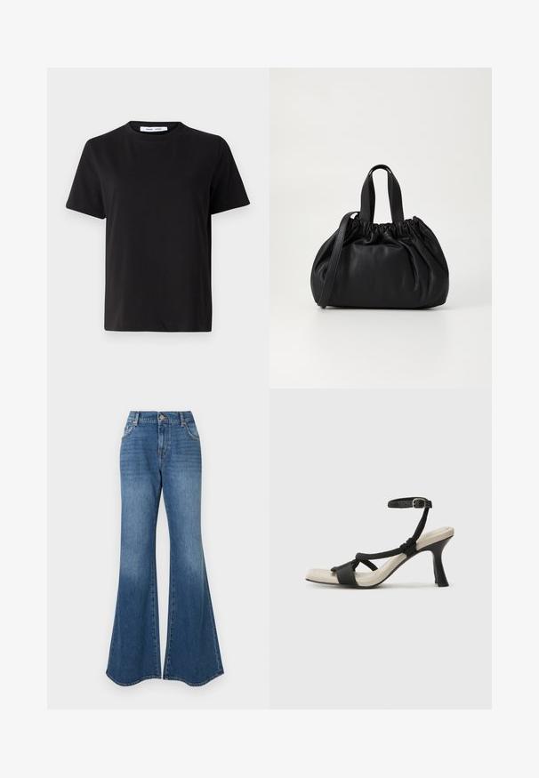 Sort t-shirt med korte ærmer fremstillet af blødt bomuld, med rund halsudskæring, afslappet pasform og en glat overflade. Ingen synlige mønstre eller grafik.; Blå flagrende jeans i klassisk denimmateriale, høj talje og subtil falming med en bred ankelåbning, ingen synlige udsmykninger.; Sorte hælede sandal med flettet remdesign, firkantet tå og justerbar ankelrem. Lys beige fodseng med en blank sort hæl.; Sort læderhåndtaske med en samlet topdesign, der har to korte håndtag og en lang justerbar rem. Glat overflade, rund form.