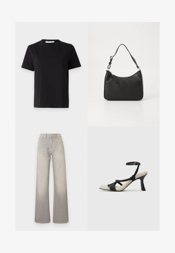 Black short-sleeve t-shirt made of soft cotton, featuring a round neckline, relaxed fit, and a smooth texture. No visible patterns or graphics.; Gray wide-leg jeans with a faded finish, button closure, five-pocket design, and stitched detailing along the seams.; Black heeled sandal with braided strap design, square toe, and adjustable ankle strap. Light beige footbed with a glossy black heel.; Black leather handbag with a curved shape, a single strap, zip closure, and subtle branding on the front. Smooth texture, minimalist design.