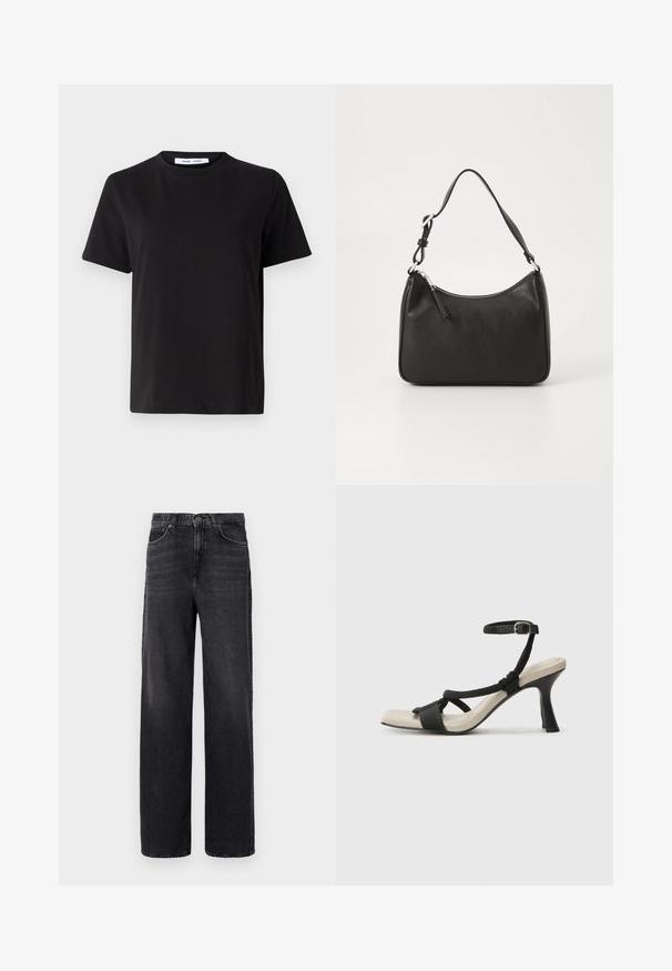 Tricou negru cu manșon scurt, fabricat din bumbac moale, având un guler rotund, o croială lejeră și o textură netedă. Fără modele sau grafice vizibile.; Jeanși din denim negru cu talie înaltă, design cu picioare late, stil cu cinci buzunare și decolorare subtilă. Prezintă un fermoar și un buton clasic.; Sandal cu toc negru, cu design de curea împletită, vârf pătrat și curea de gleznă ajustabilă. Tălpică de un bej deschis și toc negru lucios.; Geantă de mână din piele neagră, cu o formă curbată, curea unică, închidere cu fermoar și un branding subtil pe față. Textură fină, design minimalist.