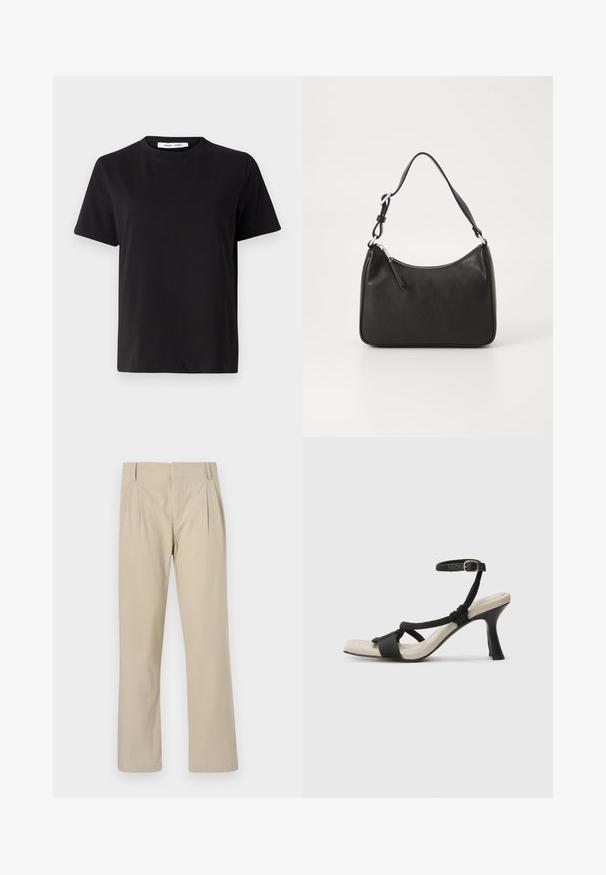 Čierne tričko s krátkym rukávom vyrobené z mäkkej bavlny, s okrúhlym výstrihom, uvoľneným strihom a hladkou štruktúrou. Žiadne viditeľné vzory ani grafika.; Béžové nohavice s širokými nohavicami vyrobené z bavlneného zmesi; majú plisovanie vpredu, rovný strih a pútka na opasok. Hladká textúra, bez vzorov.; Čierne sandále na podpätku s pleteným pásikom, štvorcovou špičkou a nastaviteľným remienkom okolo členka. Svetlobéžová stielka s lesklým čiernym podpätkom.; Čierna kožená kabelka s oblým tvarom, jediným popruhom, zipsom a nenápadným logom na prednej strane. Hladká textúra, minimalistický dizajn.