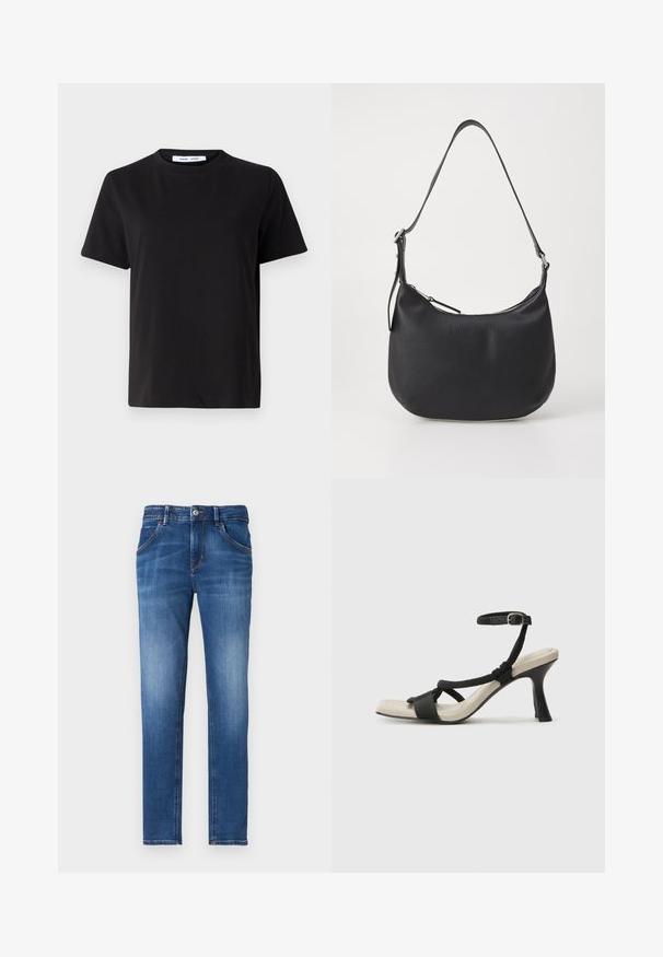 Camiseta negra de manga corta hecha de algodón suave, con un cuello redondo, corte relajado y una textura lisa. Sin patrones ni gráficos visibles.; Jeans de denim azul de corte slim con un acabado desgastado, cinco bolsillos, cierre frontal con botón y detalle de costura en contraste.; Sanda¡ía de tacón negro con diseño de tira trenzada, punta cuadrada y correa ajustable en el tobillo. Plantilla de color beige claro con un tacón negro brillante.; Bolso de hombro de cuero negro con forma curva, cierre de cremallera y correa ajustable. Presenta un logo en relieve en la parte frontal.