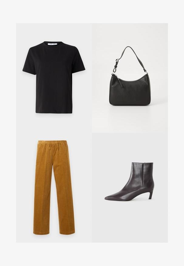 T-shirt noir à manches courtes en coton doux, avec un col rond, une coupe décontractée et une texture lisse. Pas de motifs ni de graphiques visibles.; Pantalons en velours côtelé à taille élastique et jambe droite, de couleur brun moutarde, présentés sur un fond blanc uni.; Botte de cheville en cuir noir avec un bout pointu et un petit talon, finition lisse, fermeture éclair sur le côté, présentée sur un fond neutre.; Sac à main en cuir noir avec une forme courbée, une seule sangle, fermeture éclair et un logo discret à l'avant. Texture lisse, design minimaliste.