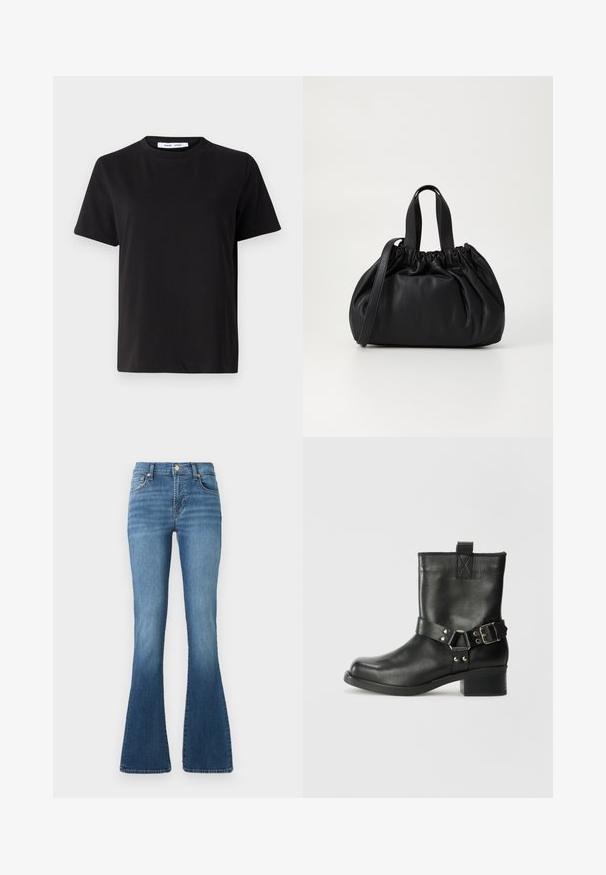 Sort t-shirt med korte ærmer fremstillet af blødt bomuld, med rund halsudskæring, afslappet pasform og en glat overflade. Ingen synlige mønstre eller grafik.; Blå denim flared jeans med høj talje, der har en frontknaplukning, diskret slidser og en glat, blød tekstur.; Samsøe Samsøe SABRENTA - Cowboy- / bikerstøvlette - black; Sort læderhåndtaske med en samlet topdesign, der har to korte håndtag og en lang justerbar rem. Glat overflade, rund form.