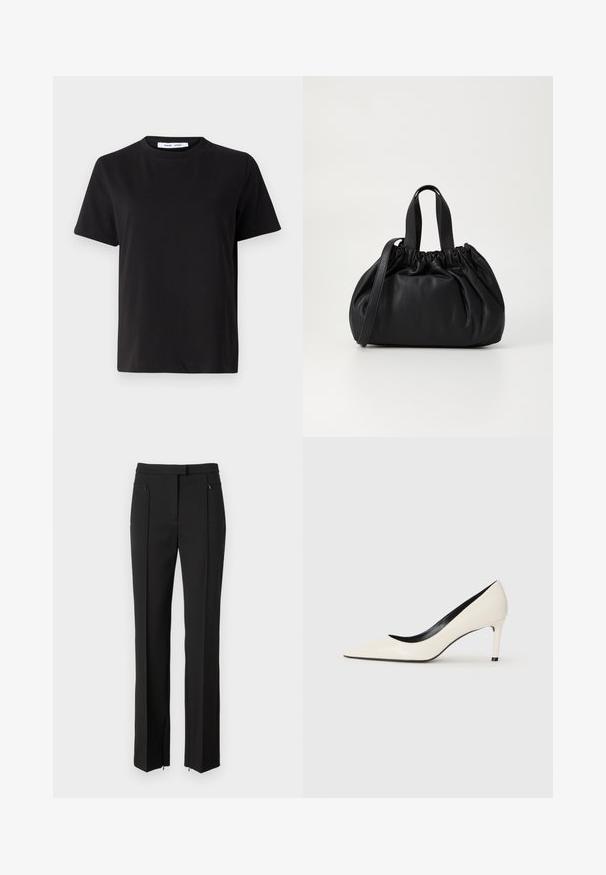 Čierne tričko s krátkym rukávom vyrobené z mäkkej bavlny, s okrúhlym výstrihom, uvoľneným strihom a hladkou štruktúrou. Žiadne viditeľné vzory ani grafika.; Čierne nohavice s prispôsobeným strihom, s plochým predným dielom, zipsovými vreckami a rovným strihom na nohách. Vyrobené z hladkej tkaniny.; Biele lakkované vysoké podpätky s ostrou špičkou, úzkym podpätkom a čiernym interiérovým detajlom. Hladká textúra a elegantný dizajn.; Čierna kožená kabelka so zberaným vrchom, s dvoma krátkymi držadlami a dlhým nastaviteľným popruhom. Hladká textura, zaoblený tvar.