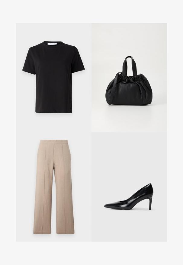 Black short-sleeve t-shirt made of soft cotton, featuring a round neckline, relaxed fit, and a smooth texture. No visible patterns or graphics.; Beige wide-leg trousers made of lightweight fabric, featuring front pleats, a smooth waistband, and a straight cut with clean hems.; Black leather high heel shoe with a pointed toe, smooth texture, and a tapered heel. Minimalist design, no additional embellishments.; Black leather handbag with a gathered top design, featuring two short handles and a long adjustable strap. Smooth texture, rounded shape.