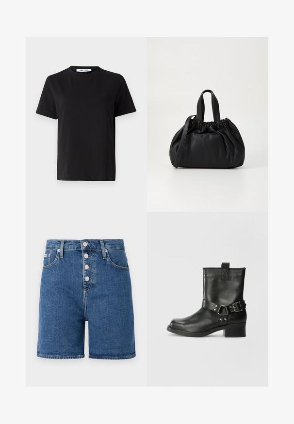 Svart kortermet t-skjorte laget av myk bomull, med rund hals, avslappet passform og en jevn tekstur. Ingen synlige mønstre eller grafikk.; Denimshorts i mellomblått med høy midje, utstyrt med knappelukking og fem lommer. Glatt tekstur med minimale sømdetaljer.; Samsøe Samsøe SABRENTA - Cowboystøvletter - black; Svart lærveske med en samlet toppdesign, som har to korte håndtak og en lang justerbar stropp. Glatt tekstur, rund form.