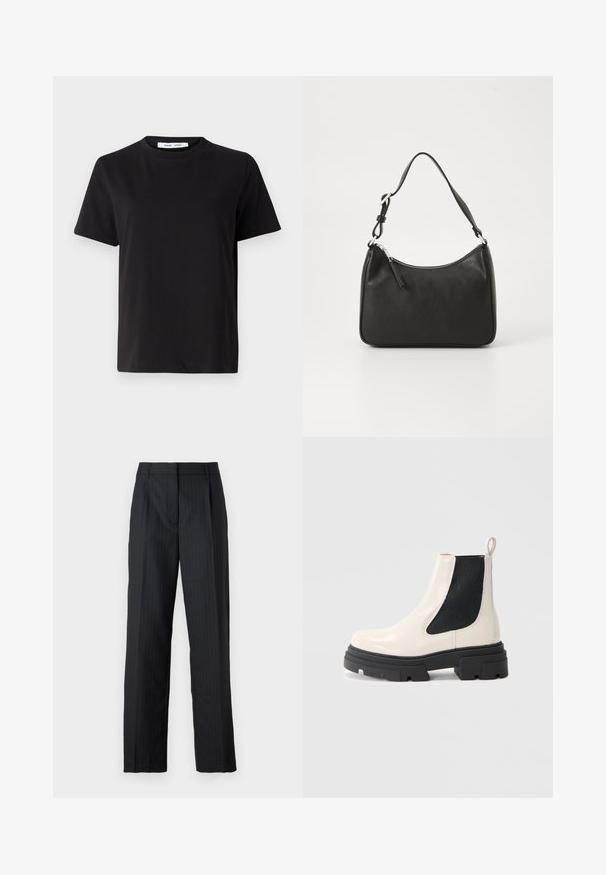 Tricou negru cu manșon scurt, fabricat din bumbac moale, având un guler rotund, o croială lejeră și o textură netedă. Fără modele sau grafice vizibile.; Pantaloni negri ajustați cu dungi, având un design drept, pliseuri presate și un brâu tradițional. Textură de țesătură netedă.; Botine Chelsea din piele crem cu talpă groasă neagră și panou lateral elastic negru, pe un fundal alb simplu.; Geantă de mână din piele neagră, cu o formă curbată, curea unică, închidere cu fermoar și un branding subtil pe față. Textură fină, design minimalist.