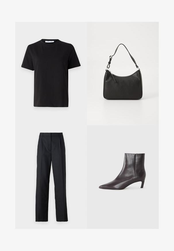 Schwarzes T-Shirt mit kurzen Ärmeln aus weicher Baumwolle, mit rundem Ausschnitt, lockerer Passform und glatter Textur. Keine sichtbaren Muster oder Grafiken.; Schwarze, maßgeschneiderte Hose mit Nadelstreifen, die ein gerades Bein-Design, gebügelte Falten und einen traditionellen Hosenbund aufweist. Glatte Stofftextur.; Schwarze Leder-Ankle-Boots mit spitzem Zehenbereich und niedrigem Kitten-Absatz, glatte Oberfläche, seitlicher Reißverschluss, vor einem neutralen Hintergrund präsentiert.; Schwarze Lederhandtasche mit geschwungener Form, einem einzigen Tragegurt, Reißverschlussverschluss und dezentem Branding auf der Vorderseite. Glatte Textur, minimalistisches Design.