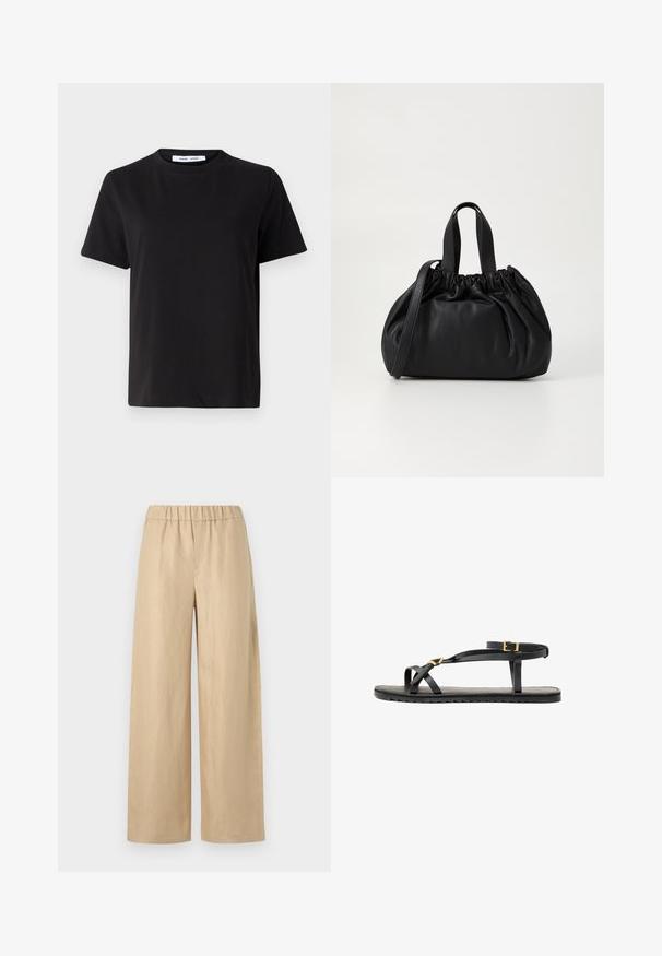 Schwarzes T-Shirt mit kurzen Ärmeln aus weicher Baumwolle, mit rundem Ausschnitt, lockerer Passform und glatter Textur. Keine sichtbaren Muster oder Grafiken.; Beigeweite Hose aus leichtem Stoff. Mit elastischem Bund und glatter Textur, ohne sichtbare Hardware oder Muster.; Schwarze Ledersandalen mit dünnen Riemen und einem geschnallten Knöchelriemen. Flache Sohle mit texturiertem Finish und Zickzackkante. Minimalistisches Design.; Schwarze Lederhandtasche mit einem gerafften Oberteil, ausgestattet mit zwei kurzen Griffen und einem langen verstellbaren Schulterriemen. Glatte Textur, runde Form.