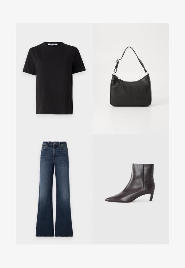 Crna kratka majica s kratkim rukavima od mekanog pamuka, s okruglim izrezom, opuštenim krojem i glatkom teksturom. Nema vidljivih uzoraka ili grafike.; Široke tamnoplave traperice s visokim strukom. Imaju klasičan dizajn s pet džepova i suptilno izblijedjele dijelove na bedrima. Zatvaranje na metalni gumb.; Crna kožna gležnjača s šiljastim nosom i niskom kitten petom, glatke površine, sa bočnim zatvaračem, prikazana na neutralnoj pozadini.; Crna kožna torba s zakrivljenim oblikom, jednim remenom, zatvaranjem na patentni zatvarač i suptilnim brendiranjem sprijeda. Glatka tekstura, minimalistički dizajn.