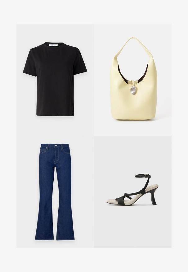 Svart kortermet t-skjorte laget av myk bomull, med rund hals, avslappet passform og en jevn tekstur. Ingen synlige mønstre eller grafikk.; Mørkeblå flare jeans med klassisk knapp og glidelås, fem lommer og kontrastsøm detaljer. Laget av denim.; Sorte helårs sandaler med flettet stroppesdesign, firkantet tå og justerbar ankelrem. Lys beige fotseng med glanset svart hæl.; Hobo veske i myk gul lær med en avrundet form. Har en glatt overflate, mørk innvendig fôr og et sølvfarget detalj ved lukking.
