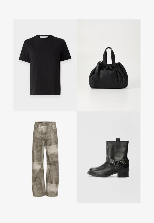 Musta lyhythihainen t-paita, joka on valmistettu pehmeästä puuvillasta. Paitassa on pyöreä kaula-aukko, rento malli ja sileä pinta. Ei näkyviä kuvioita tai graafisia elementtejä.; Vaatteet leveälahkeiset housut haalistuneessa oliivinvihreässä, jossa on beigejä abstrakteja kuvioita. Sisältävät klassisen viiden taskun muotoilun ja metalliset yksityiskohdat.; Samsøe Samsøe SABRENTA - Biker-/cowboynilkkurit - black; Musta nahkabag, jossa on kerätty yläosa. Varustettu kahdella lyhyellä kantokahvalla ja pitkällä säädettävällä hihnalla. Sileä pinta, pyöreä muoto.