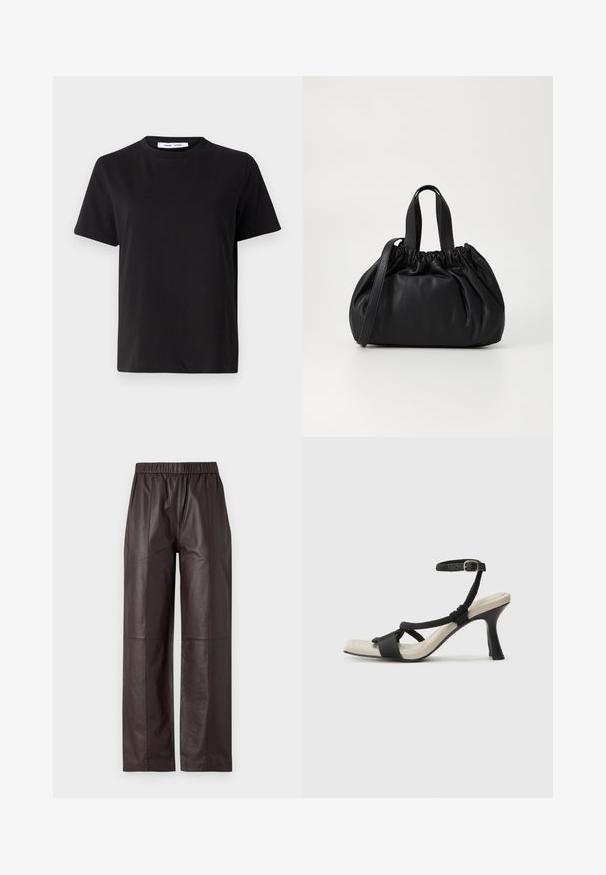 Sort t-shirt med korte ærmer fremstillet af blødt bomuld, med rund halsudskæring, afslappet pasform og en glat overflade. Ingen synlige mønstre eller grafik.; Brune læder bukser med vidde, elastisk talje og en glat tekstur, med sømdetaljer foran og bagpå.; Sorte hælede sandal med flettet remdesign, firkantet tå og justerbar ankelrem. Lys beige fodseng med en blank sort hæl.; Sort læderhåndtaske med en samlet topdesign, der har to korte håndtag og en lang justerbar rem. Glat overflade, rund form.