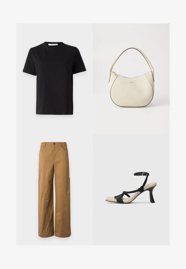 Crna kratka majica s kratkim rukavima od mekanog pamuka, s okruglim izrezom, opuštenim krojem i glatkom teksturom. Nema vidljivih uzoraka ili grafike.; Smeđe hlače širokih nogavica od pamuka, sa kopčanjem na dugme, bočnim džepovima i uočljivim detaljima šivanja.; Crne sandale na visokom potpetici s dizajnom pletenih trakica, kvadratnim vrhom i podešivom trakicom oko gležnja. Svijetlosmeđi ulošci s sjajnim crnim potpeticama.; Torbica boje krema s teksturiranim završetkom, zakrivljenog oblika, kratkom ručkom i logotipom u zlatnoj boji. Zatvarač na vrhu.