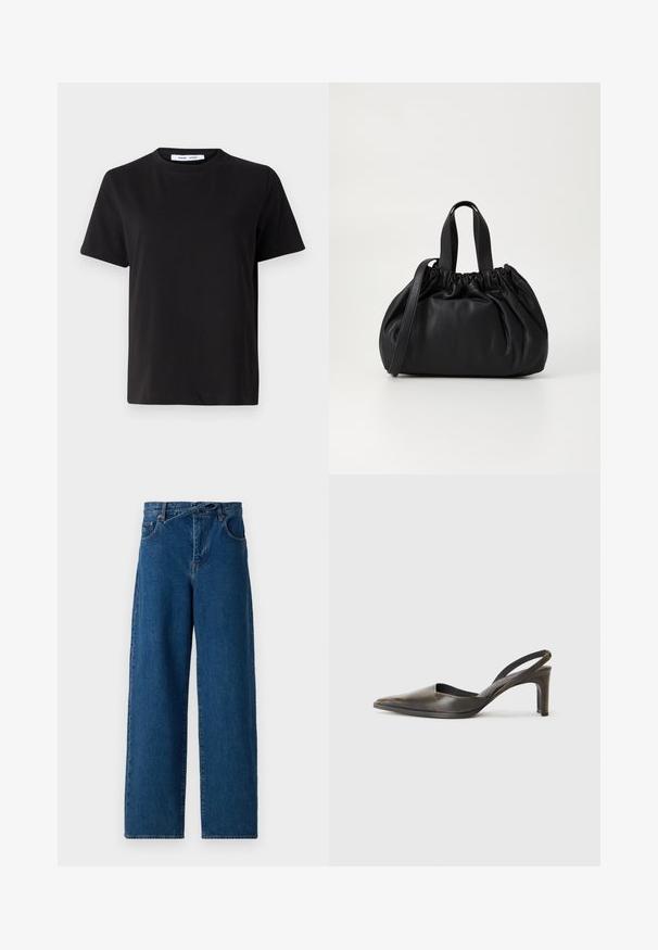T-shirt preto de manga curta feito de algodão suave, com decote redondo, ajuste descontraído e uma textura suave. Sem padrões ou gráficos visíveis.; Jeans de tecido denim de pernas largas em azul escuro. Design de cintura alta com passadores de cinto e bolsos frontais. Textura suave e estilo clássico de cinco bolsos.; Sandal de salto com biqueira em couro castanho escuro com textura suave, apresentando uma tira estreita e um salto stiletto de altura média.; Bolsa de couro preta com um design de topo franzido, apresentando duas alças curtas e uma alça longa ajustável. Textura suave, formato arredondado.