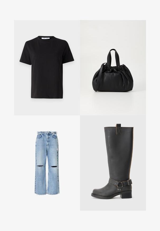 Črna majica s kratkimi rokavi iz mehkega bombaža, ki ima okroglo izrezovanje, udoben kroj in gladko teksturo. Brez vidnih vzorcev ali grafike.; Svijetloplave traperice širokog kroja, s poderanim rubom i dva otvora na koljenima, s klasičnim dizajnom s pet džepova.; Črne usnjene škornje do kolen z teksturirano obdelavo, ki imajo stranski sponko in nizko peto. Podrobno šivanje po šivih.; Črna usnjena torbica z zloženim zgornjim dizajnom, opremljena z dvema kratkima ročkama in dolgo nastavljivo naramnico. Gladka tekstura, okrogla oblika.