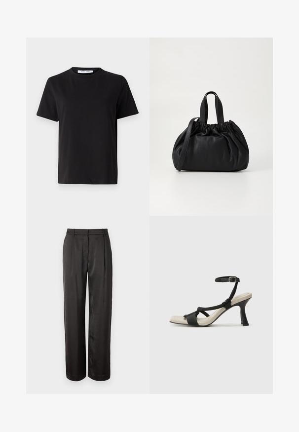 Black short-sleeve t-shirt made of soft cotton, featuring a round neckline, relaxed fit, and a smooth texture. No visible patterns or graphics.; Black, high-waisted trousers made of smooth fabric. Features a straight cut, two front pleats, and belt loops.; Black heeled sandal with braided strap design, square toe, and adjustable ankle strap. Light beige footbed with a glossy black heel.; Black leather handbag with a gathered top design, featuring two short handles and a long adjustable strap. Smooth texture, rounded shape.
