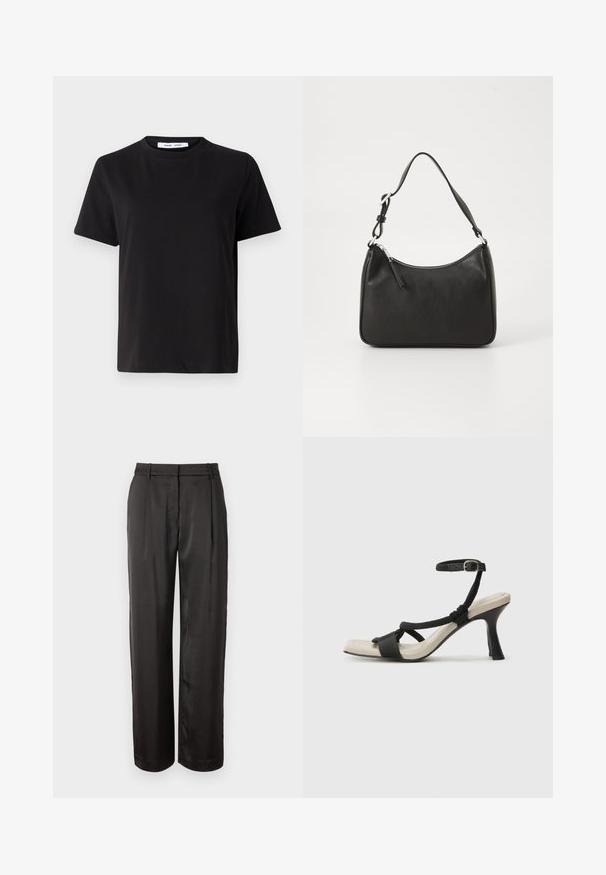 Tricou negru cu manșon scurt, fabricat din bumbac moale, având un guler rotund, o croială lejeră și o textură netedă. Fără modele sau grafice vizibile.; Pantaloni negri, cu talie înaltă, realizați dintr-un material neted. Prezintă o croială dreaptă, două plissuri frontale și bucle pentru curea.; Sandal cu toc negru, cu design de curea împletită, vârf pătrat și curea de gleznă ajustabilă. Tălpică de un bej deschis și toc negru lucios.; Geantă de mână din piele neagră, cu o formă curbată, curea unică, închidere cu fermoar și un branding subtil pe față. Textură fină, design minimalist.