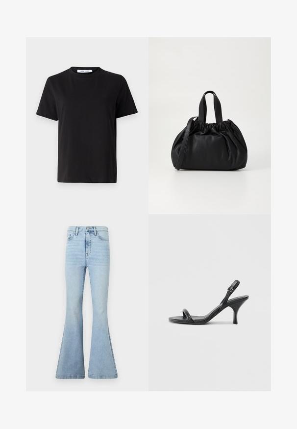 Čierne tričko s krátkym rukávom vyrobené z mäkkej bavlny, s okrúhlym výstrihom, uvoľneným strihom a hladkou štruktúrou. Žiadne viditeľné vzory ani grafika.; Svetlomodré rozšírené džínsy vyrobené z denimu, s vysokým pásom, jemným vyblednutím a veľkými zvonovými nohavicami s čistým lemom.; Čierne kožené sandále na vysokom podpätku s štíhlym, zakriveným podpätkom a prekríženým pásikovým dizajnom. Nastaviteľný pásik okolo členka. Hladká textúra.; Čierna kožená kabelka so zberaným vrchom, s dvoma krátkymi držadlami a dlhým nastaviteľným popruhom. Hladká textura, zaoblený tvar.