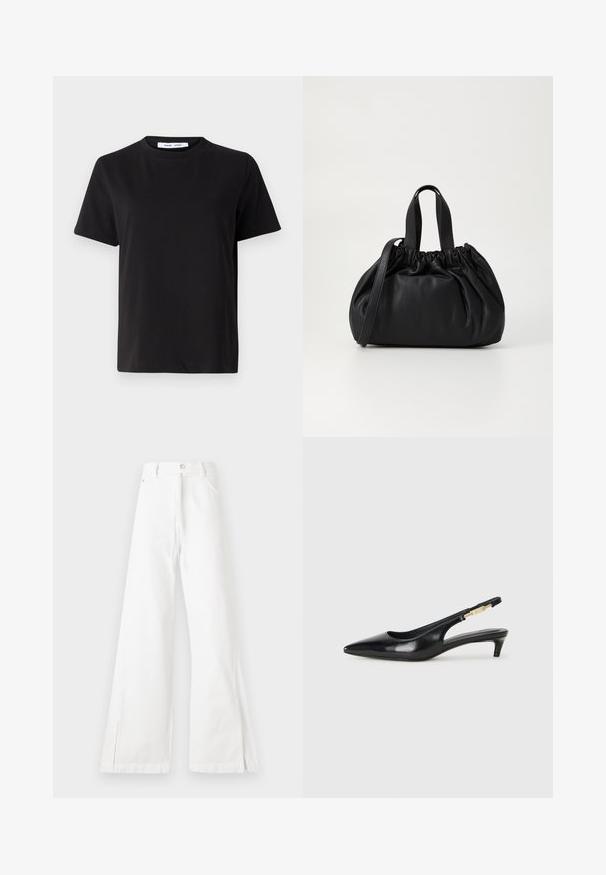 Crna kratka majica s kratkim rukavima od mekanog pamuka, s okruglim izrezom, opuštenim krojem i glatkom teksturom. Nema vidljivih uzoraka ili grafike.; Bijele široke traperice s visokim strukom. Imaju prednje džepove, kopčanje na dugmiće i bočne proreze na rubu.; Crne kožne sandale s petom, s izduženim vrhom, imaju usku petu i zlatni akcent na podesivoj traci. Glatka tekstura.; Crna kožna torba s nabranim dizajnom na vrhu, s dva kratka ručka i dugim podesivim remenom. Glatka tekstura, zaobljen oblik.