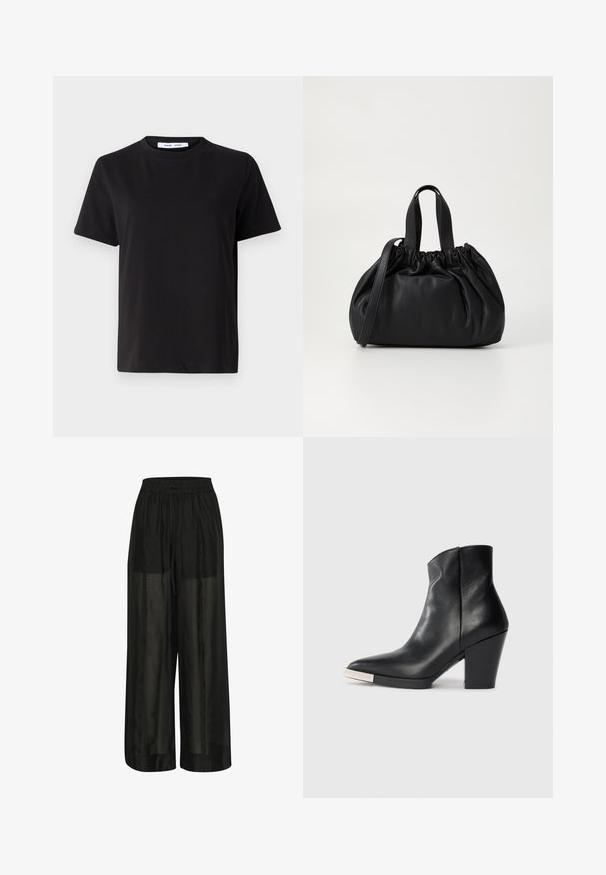 Black short-sleeve t-shirt made of soft cotton, featuring a round neckline, relaxed fit, and a smooth texture. No visible patterns or graphics.; Black wide-leg trousers made of sheer fabric, featuring an elastic waistband with a drawstring for adjustable fit and a smooth texture.; Black leather ankle boot with a pointed toe, high block heel, and silver toe cap detail. Smooth texture and simple design.; Black leather handbag with a gathered top design, featuring two short handles and a long adjustable strap. Smooth texture, rounded shape.