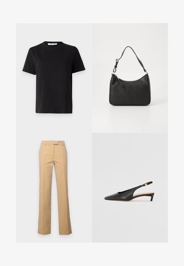 Schwarzes T-Shirt mit kurzen Ärmeln aus weicher Baumwolle, mit rundem Ausschnitt, lockerer Passform und glatter Textur. Keine sichtbaren Muster oder Grafiken.; Beige maßgeschneiderte Hose aus Baumwollmischgewebe mit geradem Bein, ausgestattet mit vorderen Falten und Seitentaschen.; Schwarze Leder Slingback-Pumps mit spitzer Zehe, niedrigem Absatz und verstellbarem Knöchelriemen mit einer goldfarbenen Schnalle. Glatte Textur.; Schwarze Lederhandtasche mit geschwungener Form, einem einzigen Tragegurt, Reißverschlussverschluss und dezentem Branding auf der Vorderseite. Glatte Textur, minimalistisches Design.
