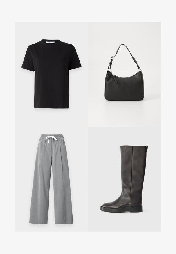 Sort t-shirt med korte ærmer fremstillet af blødt bomuld, med rund halsudskæring, afslappet pasform og en glat overflade. Ingen synlige mønstre eller grafik.; Grå brede bukser lavet af letvægtigt stof med plisseret front og elastisk talje med en hvid snor.; Sorte knæhøje læderstøvler med tyk sål og subtil Calvin Klein-logo nær den øverste kant, vist fra siden.; Sort læderhåndtaske med en buet form, en enkelt rem, lynlås lukning og diskret branding på forsiden. Glat tekstur, minimalistisk design.