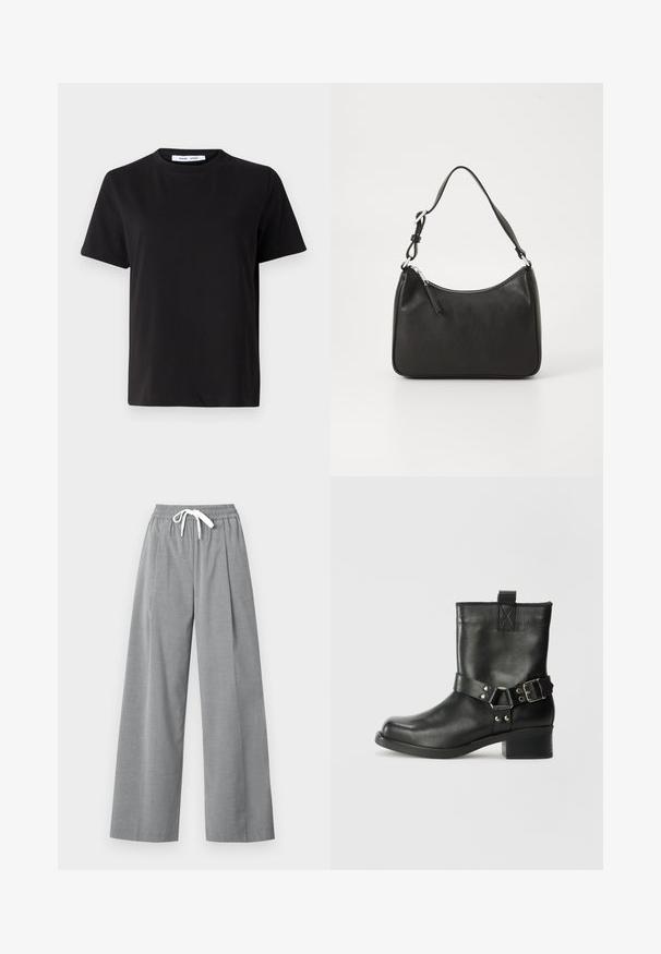 Črna majica s kratkimi rokavi iz mehkega bombaža, ki ima okroglo izrezovanje, udoben kroj in gladko teksturo. Brez vidnih vzorcev ali grafike.; Sive široke hlače iz lahkega materiala s pregibom na sprednji strani in elastičnim pasom, ki ima bel zategovalni vrv. ; Samsøe Samsøe SABRENTA - Gležnjar v kavbojskem in motorističnem slogu - black; Črna usnjena torba za roke s ukrivljenim oblikom, enim trakom, zadrgo in diskretnim blagovnim znamkom na sprednjem delu. Gladka tekstura, minimalističen dizajn.