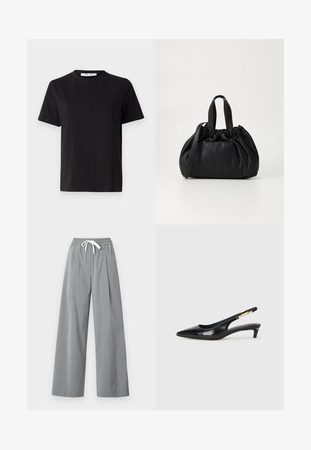 Tricou negru cu manșon scurt, fabricat din bumbac moale, având un guler rotund, o croială lejeră și o textură netedă. Fără modele sau grafice vizibile.; Pantaloni gri cu croială largă, dintr-un material ușor, cu un umăr plisat și o talie elastică, dotată cu un șnur alb.; Sandale slingback din piele neagră cu vârf ascuțit, având un toc subțire și un accent de culoare aurie pe curea ajustabilă. Textură netedă.; Geantă de mână din piele neagră cu un design cu partea superioară plisată, având două mânere scurte și o curea lungă ajustabilă. Textură netedă, formă rotunjită.