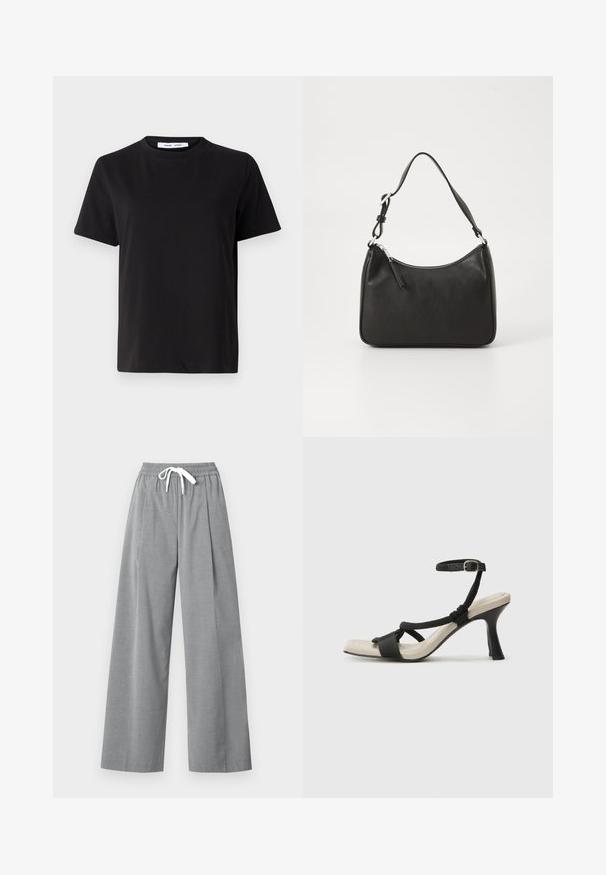 T-shirt nero a maniche corte realizzato in morbido cotone, con scollatura rotonda, vestibilità rilassata e una superficie liscia. Nessun motivo o grafica visibile.; Pantaloni grigi a gamba larga realizzati in un tessuto leggero, con una parte anteriore plissettata e una vita elastica dotata di un laccio bianco.; Sandal con tacco nero e design con cinturino intrecciato, punta quadrata e cinturino alla caviglia regolabile. Soletta beige chiaro con tacco nero lucido.; Borsa a tracolla in pelle nera con forma curva, una tracolla singola, chiusura con zip e marchio discreto sul fronte. Texture liscia, design minimalista.